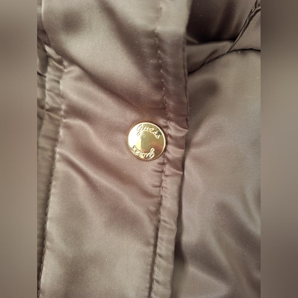 Guess Y2K Fur Hooded Long Jacket Down Puffer Utility Parka Womens XS Bronze - Picture 5 of 16